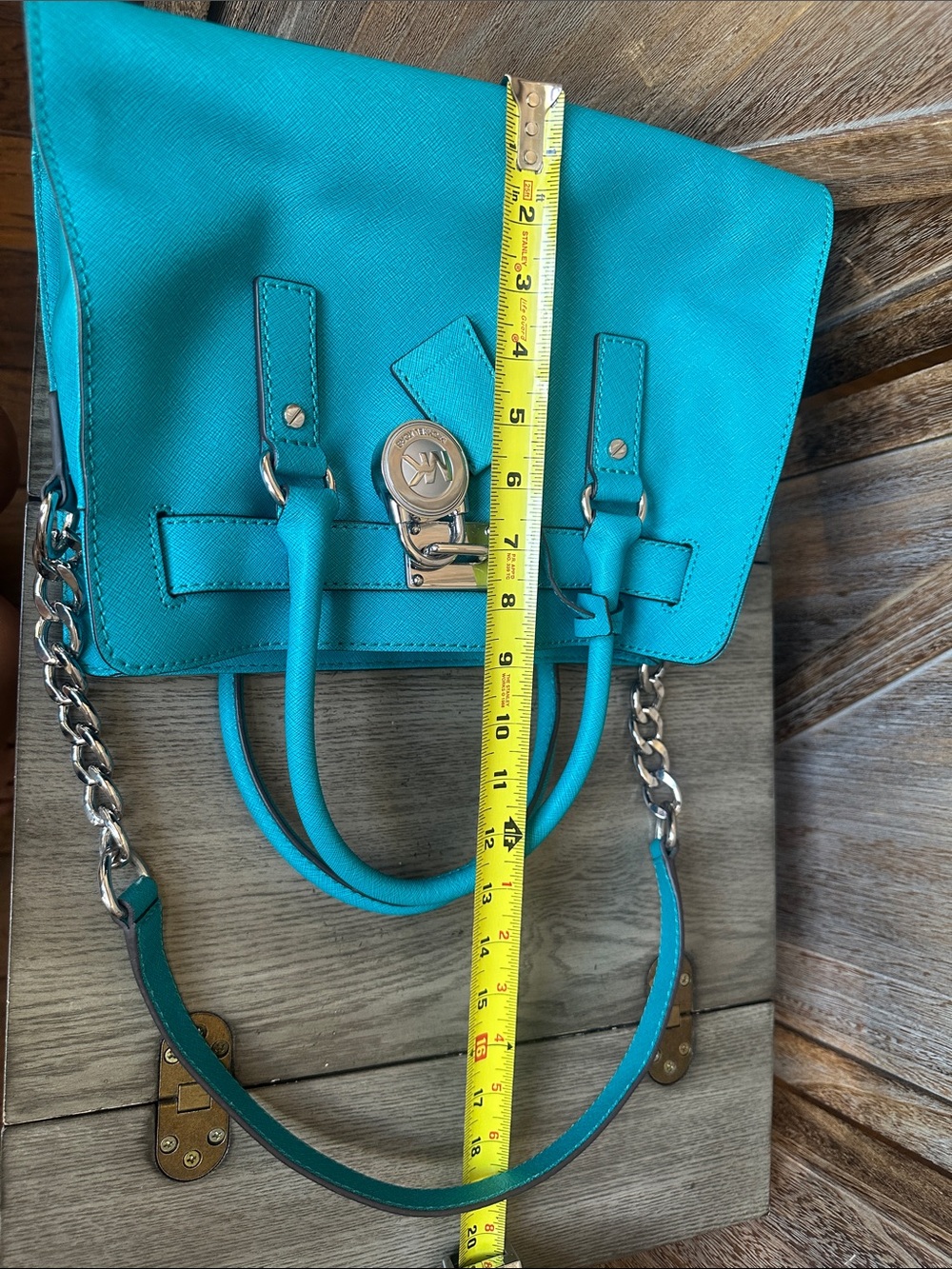Michael Kors Turquoise Satchel Tote with Silver Padlock & Chain Shoulder Handbag - Picture 10 of 16